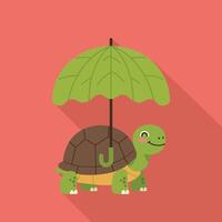 Turtle holding green umbrella with long shadow on red background cute illustration vector