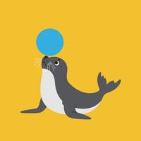 Seal balancing blue ball on nose simple flat design on yellow background illustration vector