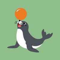 Seal balancing bright orange ball on nose simple illustration with green background playful aquatic animal image vector