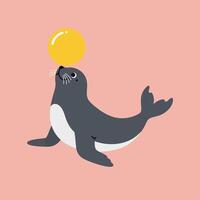 Seal balancing yellow ball on nose simple illustration with pink background in square format vector
