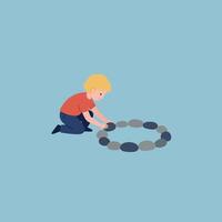 Child playing with stones on blue background in simple flat style illustration vector