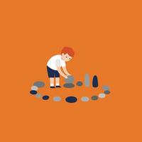 Boy playing with stones on orange background in simple flat illustration style vector