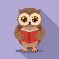 Owl reading a red book on purple background cartoon illustration with long shadow effect vector