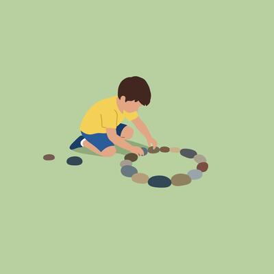 Child playing with natural stones on grass creating circle outdoor activity illustration