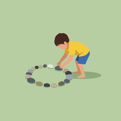 Child arranging circle of stones on green grass in outdoor play activity illustration