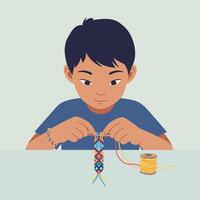 Boy making colorful friendship bracelet with yarn at table in creative hobby activity illustration vector