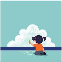 Child drawing on wall with chalk in playful scene with large cloud shape in background illustration vector