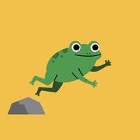 Green frog jumping over rock on yellow background simple illustration with playful mood and nature theme vector