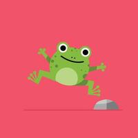 Green frog jumping over a gray rock on pink background illustration with playful and simple style vector