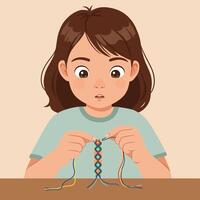 Young girl creating colorful friendship bracelet with threads focused on crafting hobby at table illustration vector