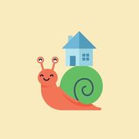 Snail carrying blue house on green shell simple flat design illustration vector