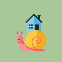Snail carrying house on back with smiling face in flat style on green background vector