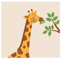 Giraffe eating leaves from tree with green foliage in simple nature background illustration vector