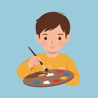 Boy painting on palette with colorful paint spots using brush in creative hobby activity illustration vector