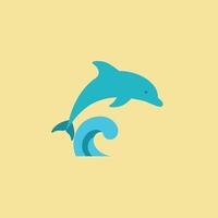 Dolphin jumping over blue wave illustration with soft yellow background in minimal style vector