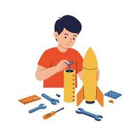 Boy assembling yellow rocket toy with tools and parts in educational play activity illustration vector