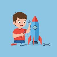 Boy building blue and red rocket with tools illustration in playful educational setting vector