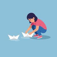 Child playing with paper boats on water in simple colorful illustration with blue background vector