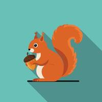 Red squirrel holding acorn with long shadow on turquoise background flat style illustration vector