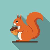 Red Squirrel Holding Acorn Flat Design Illustration with Long Shadow on Blue Background vector