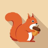 Red squirrel holding acorn in flat style with long shadow illustration for nature and wildlife designs vector