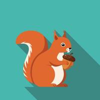Red Squirrel Holding Acorn Flat Design Illustration with Long Shadow on Blue Background. vector