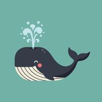 Cute whale blowing water spout illustration with teal background and smiling expression vector