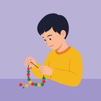 Child threading colorful beads focused on creative activity in yellow sweater illustration vector
