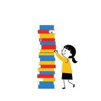 Girl stacking colorful books in red blue yellow educational concept illustration with playful child reading activity vector