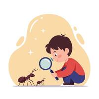 Child examining ants with magnifying glass in educational exploration activity for kids curiosity and learning development vector