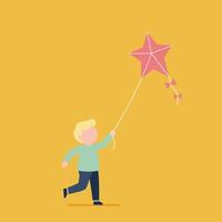 Boy Flying Red Star Shaped Kite on Yellow Background Illustration with Playful Child and Toy Design vector