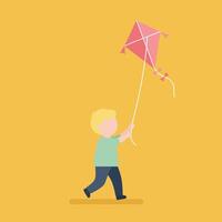 Child flying pink kite on golden yellow background illustration with playful mood and simple style vector