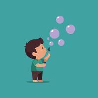 Child blowing bubbles illustration with teal background and playful activity in portrait orientation vector