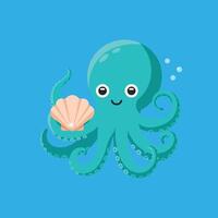 Cute teal octopus holding pink seashell on blue background illustration for children and sea life designs vector
