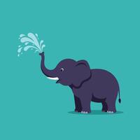 Elephant spraying water with trunk on turquoise background in playful cartoon style illustration vector