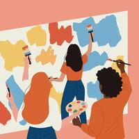 Group of people painting colorful abstract art on wall with brushes and palette in creative teamwork activity vector
