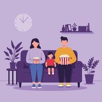 Family Watching Movie Together Sitting on Purple Couch with Popcorn and Indoor Plants Illustration vector