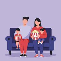 Family enjoying popcorn together on sofa watching movie at home in cozy living room scene vector