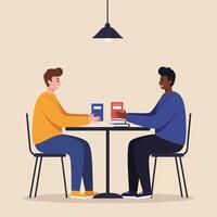 Two men reading books together at table in casual setting illustration vector