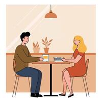 Two people sitting at cafe table drinking coffee and reading books in casual setting illustration vector