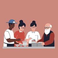 Diverse group of people serving food and enjoying community meal in social gathering illustration vector