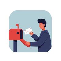 Man checking mailbox and holding letter in simple flat design illustration vector
