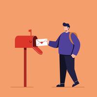Man Sending Love Letter in Red Mailbox Illustration in Flat Style with Orange Background vector