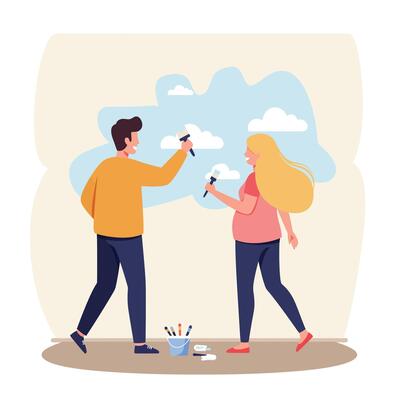 Man and woman painting clouds on wall with brushes in casual clothing illustration