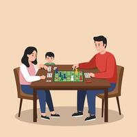 Family playing board game together at home enjoying leisure and quality time in casual setting with child vector