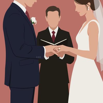 Bride and groom exchanging wedding rings during ceremony with officiant in background illustration