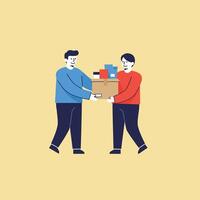Two men handing over a cardboard box with gifts in blue and red sweaters on yellow background illustration vector