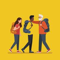 Group of diverse hikers with backpacks walking and greeting each other on yellow background illustration vector