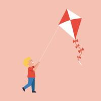 Boy flying red and white kite in simple flat style illustration with peach background vector