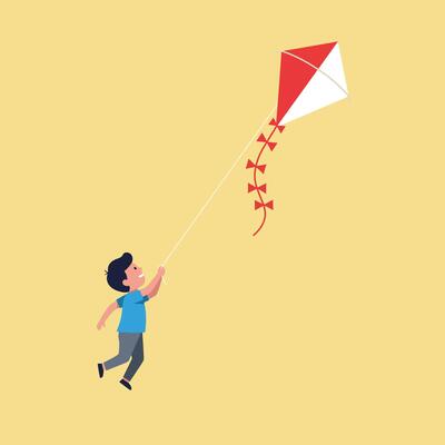 Boy flying red and white kite on yellow background cheerful playful illustration